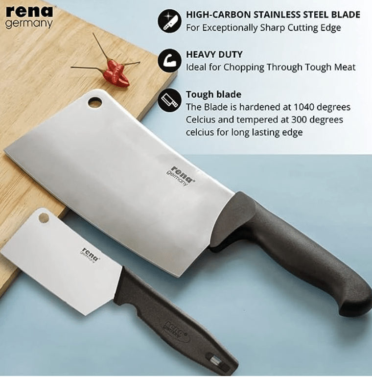 rena germany - Meat Chopper Butcher Knife - Meat Cleaver & Slicing Knife - Chinese Chopper Knife - 8.5 & 2.5 Inch, Stainless Steel, Silver