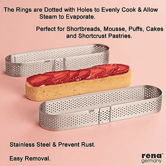 Rena Germany - Perforated Tart Ring - Tart Ring for Baking - Oval Tart Mould - Cake Mousse Ring Mold - 3 Pieces Set (145x35 mm)