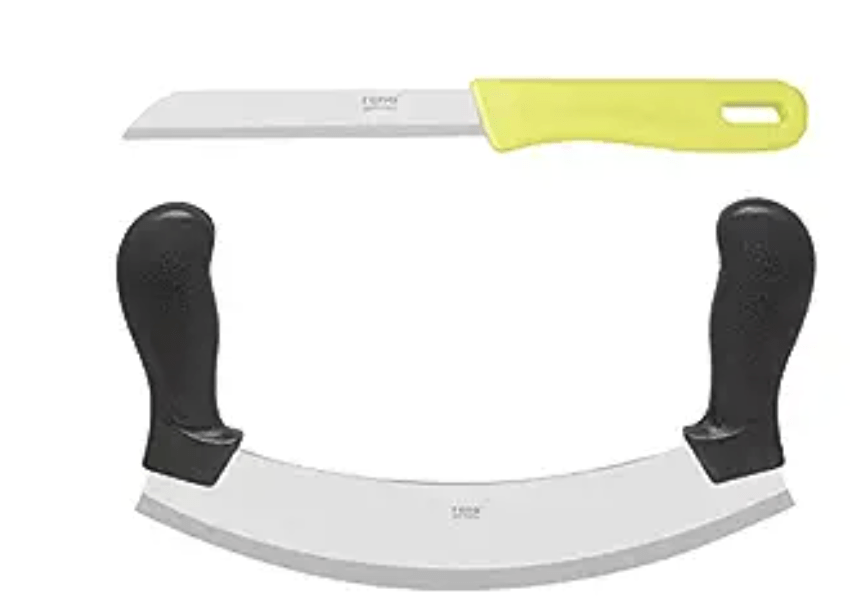 Rena Germany - Pizza Cutter - Pizza Slicer - Mezzaluna/Mincing Knife - Double Handle Ideal for Mincing, Dicing, Chopping & Slicing - with Serrated Knife
