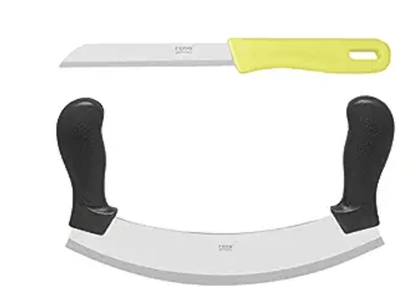 Rena Germany - Pizza Cutter - Pizza Slicer - Mezzaluna/Mincing Knife - Double Handle Ideal for Mincing, Dicing, Chopping & Slicing - with Serrated Knife