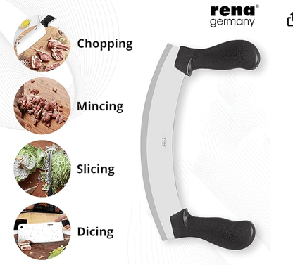 Rena Germany - Pizza Cutter - Pizza Slicer - Mezzaluna/Mincing Knife - Double Handle Ideal for Mincing, Dicing, Chopping & Slicing - with Serrated Knife