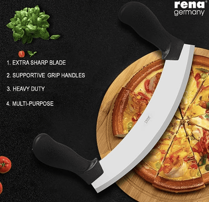 Rena Germany - Pizza Cutter - Pizza Slicer - Mezzaluna/Mincing Knife - Double Handle Ideal for Mincing, Dicing, Chopping & Slicing - with Serrated Knife