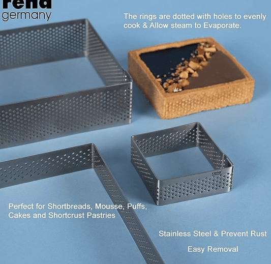 Rena Germany - Perforated Tart Ring - Tart Ring for Baking - Square Tart Mould - Cake Mousse Ring Mold - 3 Pieces Set (150x35 mm)