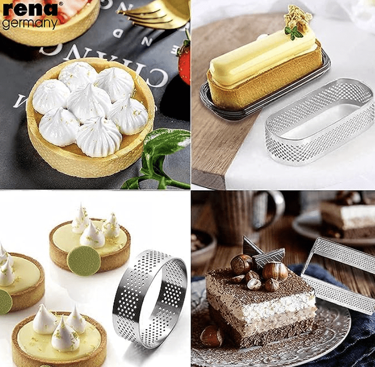Rena Germany - Perforated Tart Ring - Tart Ring for Baking - Square Tart Mould - Cake Mousse Ring Mold - 3 Pieces Set (150x35 mm)