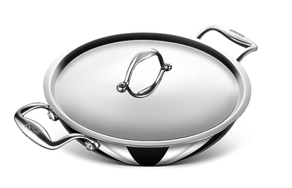 Stahl Triply Non Stick Kadai with Lid | Stainless Steel Kadai with Induction Base | Tri Ply Kadhai Scratch Resistant | Hybrid 6318, Dia 18cm, 1.2L (Serves 2-3 People)