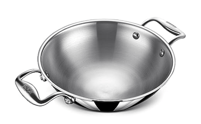 Stahl Triply Stainless Steel Kadai with Lid I Stainless Steel Cookware Tri Ply Deep Kadhai I Deep Frying Pan with Round Bottom I Artisan 4750, Dia 20 cm, 1.8 L (Serves 3-4 People)