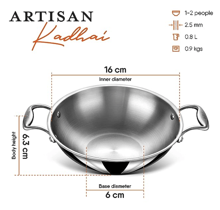 Stahl Triply Stainless Steel Kadai with Lid | Stainless Steel Cookware Tri Ply Kadhai | Gas & Induction Base | Artisan 4316, Dia 16 cm, 0.8 L (Serves 1-2 People)