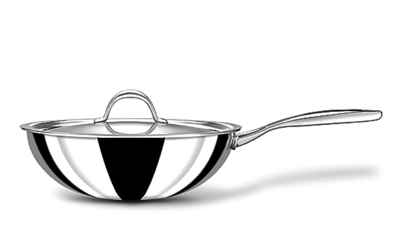 Stahl Triply Stainless Steel Wok with Lid I Tri Ply Deep Steel Kadai I Deep Fry Pan with Induction Base I Artisan 4722, Dia 22cm, 2 L (Serves 3-4 People)-1
