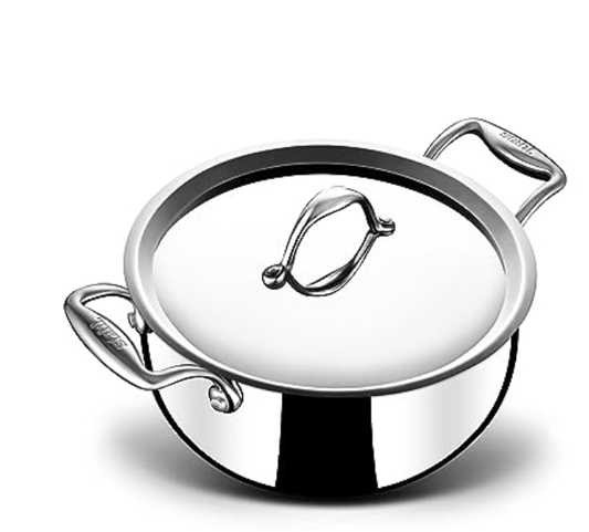 Stahl Triply Stainless Steel Sauce Pot with Lid | Stainless Steel Belly Casserole | Tri Ply Biryani Pot with Induction Base | Artisan 4182, Dia 22 cm, 4.3 L