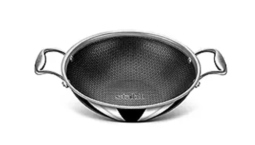 Stahl Triply Non Stick Kadai with Lid | Stainless Steel Kadai with Induction Base | Tri Ply Kadhai Scratch Resistant | Hybrid 6324, Dia 24cm, 2.4L (Serves 4-5 People)