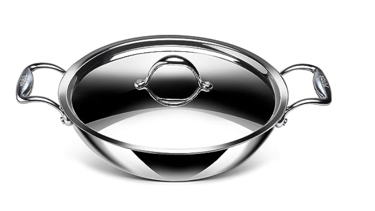 Stahl Triply Non Stick Kadai with Lid | Stainless Steel Kadai with Induction Base | Tri Ply Kadhai Scratch Resistant | Hybrid 6324, Dia 24cm, 2.4L (Serves 4-5 People)