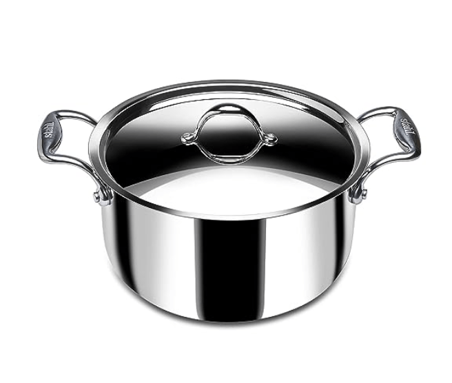 Stahl Triply Stainless Steel Sauce Pot with Lid | Stainless Steel Casserole | Tri Ply Biryani Pot with Induction Base | Artisan 4118, Dia 18 cm, 2 L