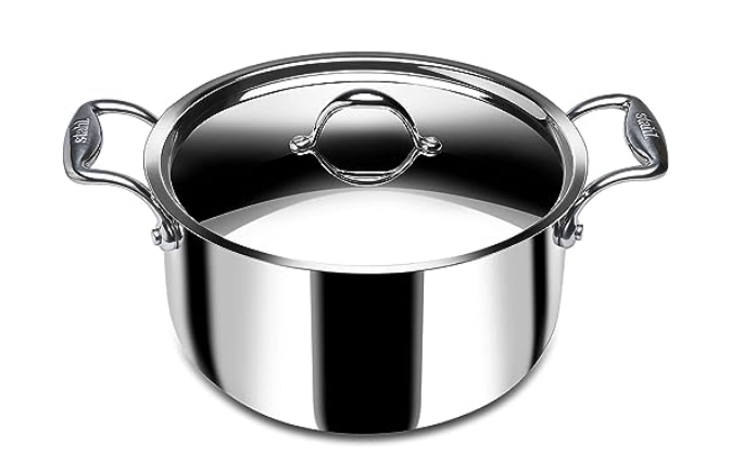 Stahl Triply Stainless Steel Sauce Pot with Lid | Stainless Steel Casserole | Tri Ply Biryani Pot with Induction Base | Artisan 4114, Dia 14 cm, 1 L