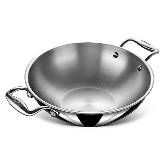 Stahl Triply Stainless Steel Artisan Kadhai with Lid, 4324, 24cm, 2.4 Liters
