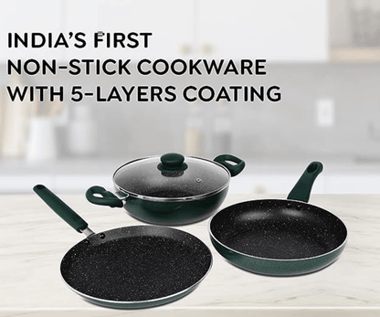 Prestige Omega Deluxe Non-Stick Cookware 3 Pc Set | PFOA Free 5-Layer Coating | Omni Tawa 25 cm | Fry Pan 24 cm | Kadai with Glass Lid 24 cm | Moss Green | Dishwasher Safe