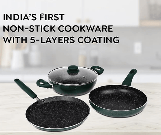 Prestige Omega Deluxe Non-Stick Cookware 3 Pc Set | PFOA Free 5-Layer Coating | Omni Tawa 25 cm | Fry Pan 24 cm | Kadai with Glass Lid 24 cm | Moss Green | Dishwasher Safe