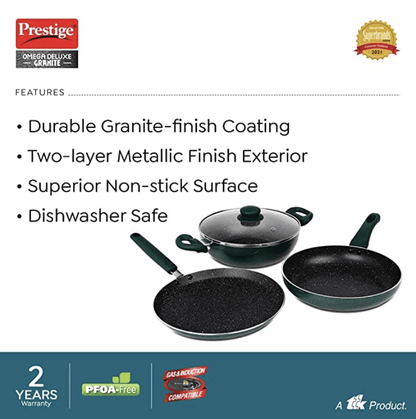 Prestige Omega Deluxe Non-Stick Cookware 3 Pc Set | PFOA Free 5-Layer Coating | Omni Tawa 25 cm | Fry Pan 24 cm | Kadai with Glass Lid 24 cm | Moss Green | Dishwasher Safe