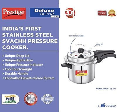 Prestige Svachh Deluxe Alpha Induction Base Outer Lid Stainless Steel Pressure Cooker | Deep Lid controls spillage | 3.5 Litres | Silver | Pressure Indicator | Straight Wall | Gasket-Release System
