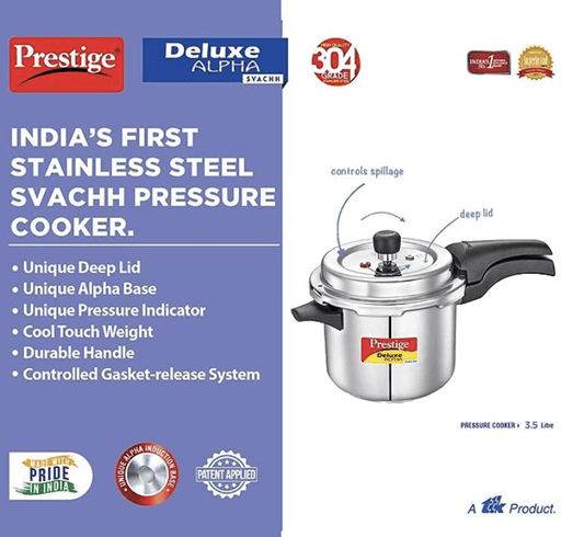 Prestige Svachh Deluxe Alpha Induction Base Outer Lid Stainless Steel Pressure Cooker | Deep Lid controls spillage | 3.5 Litres | Silver | Pressure Indicator | Straight Wall | Gasket-Release System