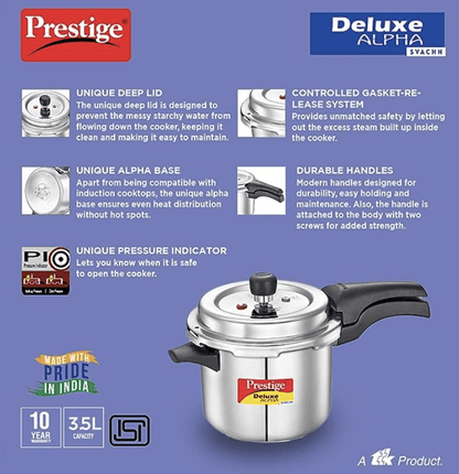 Prestige Svachh Deluxe Alpha Induction Base Outer Lid Stainless Steel Pressure Cooker | Deep Lid controls spillage | 3.5 Litres | Silver | Pressure Indicator | Straight Wall | Gasket-Release System