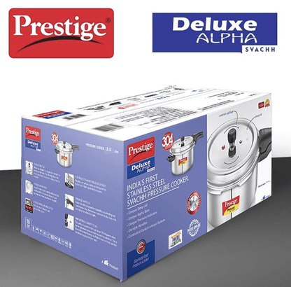 Prestige Svachh Deluxe Alpha Induction Base Outer Lid Stainless Steel Pressure Cooker | Deep Lid controls spillage | 3.5 Litres | Silver | Pressure Indicator | Straight Wall | Gasket-Release System