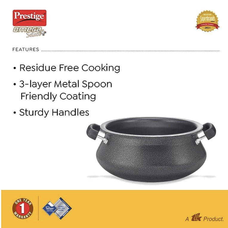 Prestige Omega Select Plus Teflon Non-stick Coated Handi with Stainless Steel Lid and Scrubber for Non-Stick Cookware, (Black)