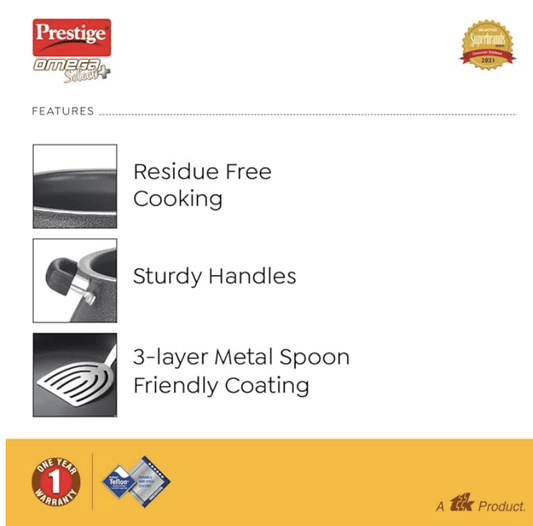 Prestige Omega Select Plus Teflon Non-stick Coated Handi with Stainless Steel Lid and Scrubber for Non-Stick Cookware, (Black)