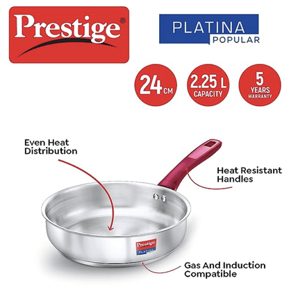 Prestige Stainless Steel Platina Popular Gas Compatible Fry Pan, 24 Cm (2.25 L) + Platina Popular Kadai with Glass Lid, 24 Cm (2.8 L) Kitchen Set