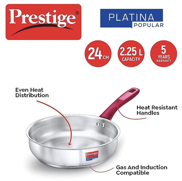 Prestige Stainless Steel Platina Popular Gas Compatible Fry Pan, 24 Cm (2.25 L) + Platina Popular Kadai with Glass Lid, 24 Cm (2.8 L) Kitchen Set-3
