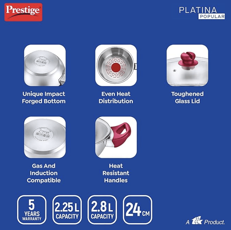 Prestige Stainless Steel Platina Popular Gas Compatible Fry Pan, 24 Cm (2.25 L) + Platina Popular Kadai with Glass Lid, 24 Cm (2.8 L) Kitchen Set