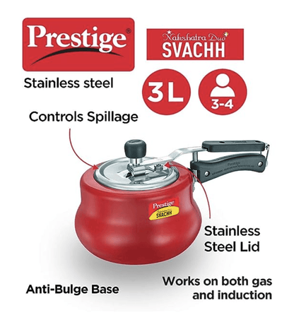 Prestige Svachh, 10752, 3 L, Nakshatra Duo Red Handi, with Deep Lid for Spillage Control, Aluminium, Inner Lid