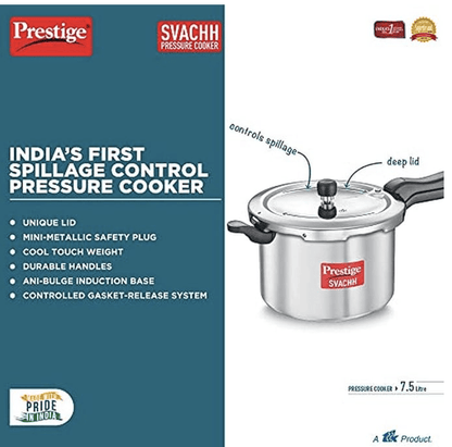 Prestige Svachh Aluminium pressure cooker, 7.5 L - Deep Lid for Spillage control