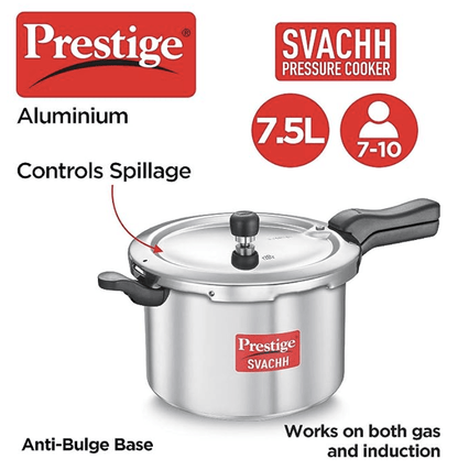 Prestige Svachh Aluminium pressure cooker, 7.5 L - Deep Lid for Spillage control