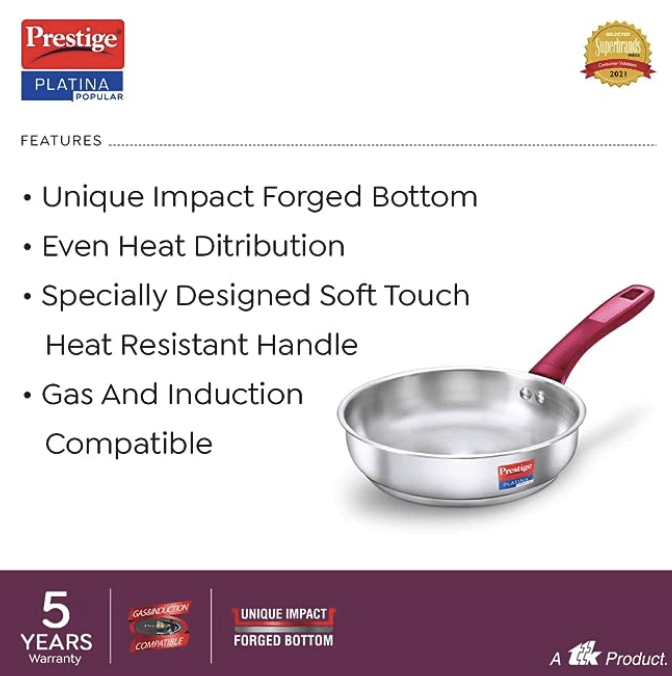 Prestige Platina Popular Stainless Steel Unique Impact Forged Bottom Fry Pan (Silver)-3