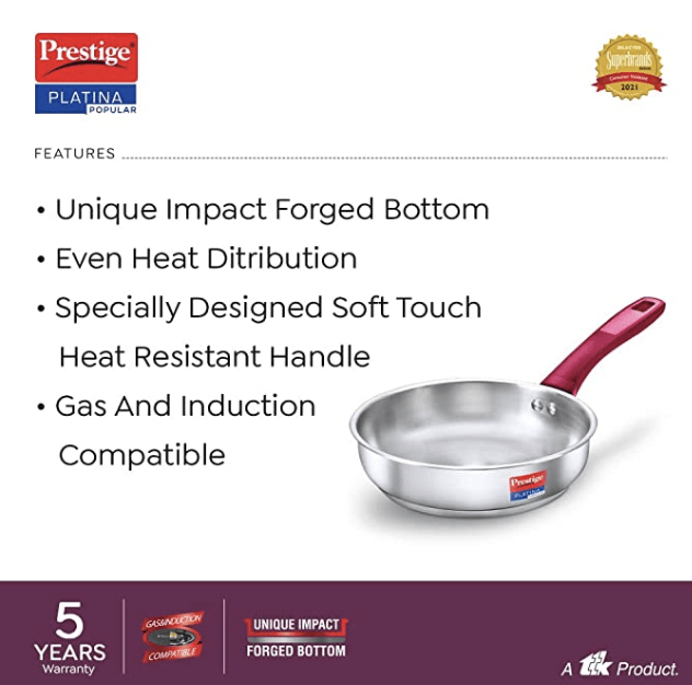 Prestige Platina Popular Stainless Steel Gas and Induction Compatible Fry Pan, 240 mm-3