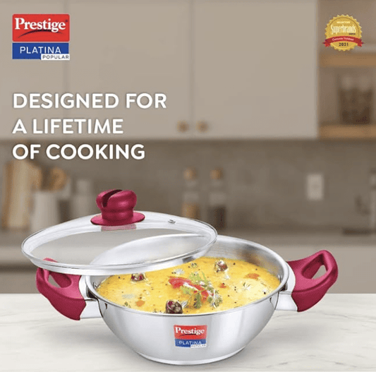 Prestige Platina Popular Stainless Steel Gas and Induction Compatible Kadhai with Glass Lid, 24 cm, Silver