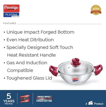 Prestige Platina Popular Stainless Steel Gas and Induction Compatible Kadhai with Glass Lid, 24 cm, Silver