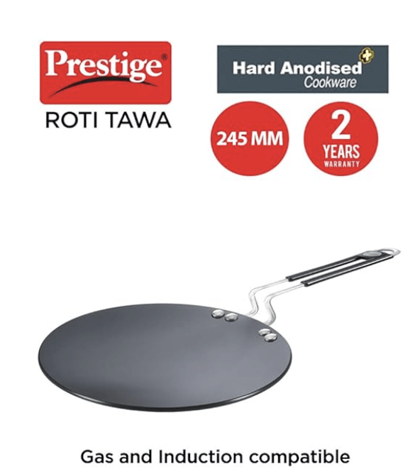Prestige Hard Anodized Roti/Chapati Tawa (Aluminium)|Wide Base with 24.5 cm|Perma Cool Handle|Gas & Induction Compatible|2 Years Warranty