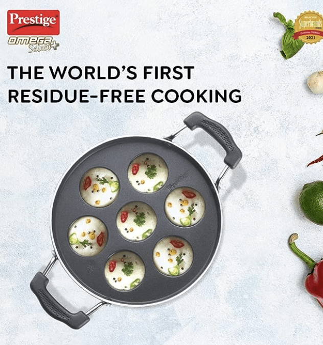 Prestige Omega Select Plus Non Stick Paniyarakkal | Glass Lid | Black | 20 cm | 7 Pits |Residue Free Coating |Metal Spoon Friendly | Ergonomic Handle