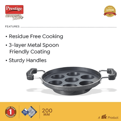 Prestige Omega Select Plus Non Stick Paniyarakkal | Glass Lid | Black | 20 cm | 7 Pits |Residue Free Coating |Metal Spoon Friendly | Ergonomic Handle