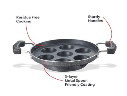 Prestige Omega Select Plus Non Stick Paniyarakkal | Glass Lid | Black | 20 cm | 7 Pits |Residue Free Coating |Metal Spoon Friendly | Ergonomic Handle