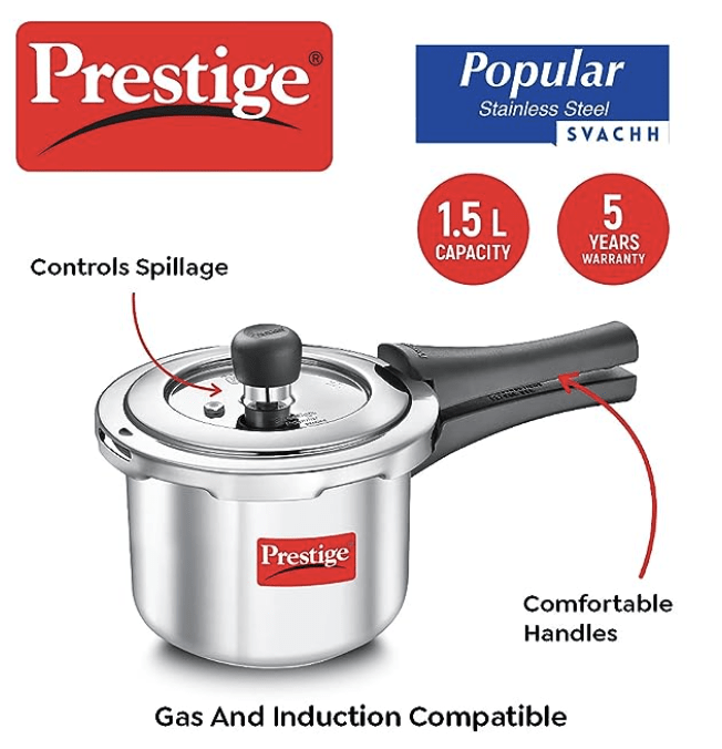 Prestige Svachh Popular Spillage Control Stainless Steel Outer Lid Pressure Cooker, 1.5 L (Silver)