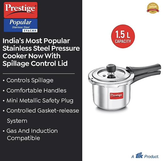 Prestige Svachh Popular Spillage Control Stainless Steel Outer Lid Pressure Cooker, 1.5 L (Silver)