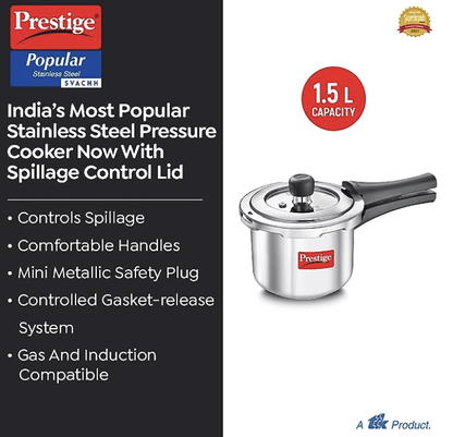 Prestige Svachh Popular Spillage Control Stainless Steel Outer Lid Pressure Cooker, 1.5 L (Silver)