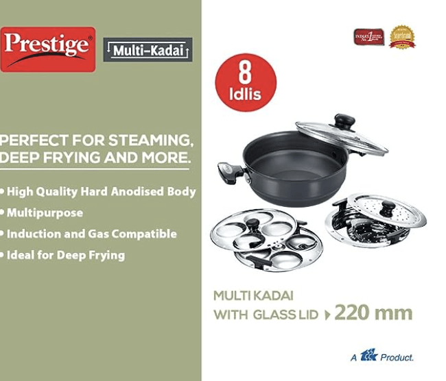 Prestige Aluminium Multi-Kadhai 22 cm, Black & Silver
