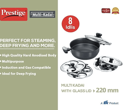 Prestige Aluminium Multi-Kadhai 22 cm, Black & Silver