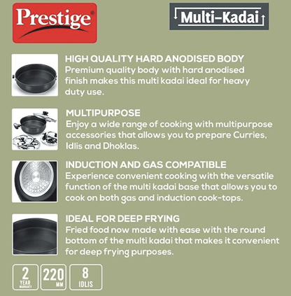 Prestige Aluminium Multi-Kadhai 22 cm, Black & Silver