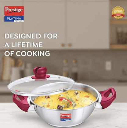 Prestige Platina Popular Stainless Steel Unique Impact Forged Bottom Kadai with Toughened Glass Lid - Silver