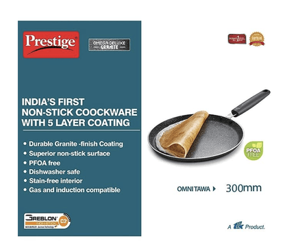 Prestige Omega Deluxe Granite Dosa Tawa | Black | 30cm | Non-Stick | Induction Base | Dishwasher Safe | 2-Layer Metallic Finish | Metal Spoon Friendly