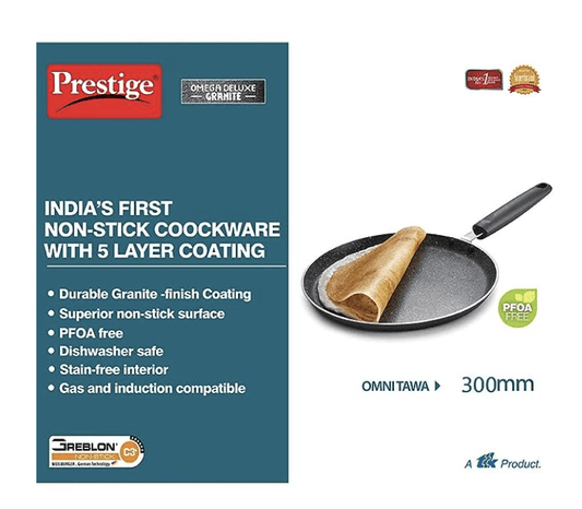 Prestige Omega Deluxe Granite Dosa Tawa | Black | 30cm | Non-Stick | Induction Base | Dishwasher Safe | 2-Layer Metallic Finish | Metal Spoon Friendly